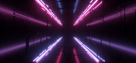 Neon Glowing Luminous Sci Fi Futuristic Lights Vibrant Purple Blue Lines Fluorescent Modern Virtual Reality Tunnel Corridor Dark Room Hall Alien Spaceship Reflections 3D Rendering Illustrationの写真素材