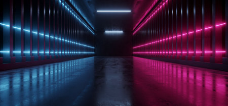 Futuristic Blue Purple Lasers Electric Cyber Modern Neon Led Line Shaped Lights Catwalk Tunnel Garage Corridor Warehouse Underground Grunge Concrete Cement 3D Rendering Illustrationの写真素材