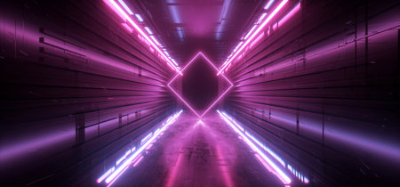 Rectangle Lines Neon Glowing Blue Purple Vibrant Light Night Dark Reflective Tunnel Hallway Corridor Studio Stage Sci Fi Futuristic Modern Alien Spaceship Virtual 3D Rendering Illustrationの写真素材