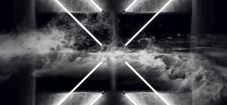 Smoke Modern Futuristic Neon Glowing Triangle Shaped White Ice Disco Tube Light Tubes Retro Style On...