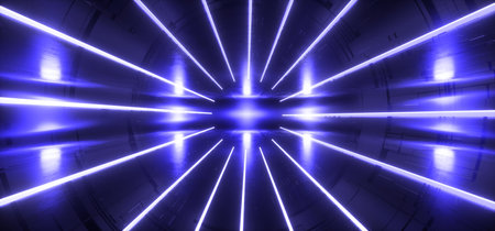 Lines Neon Glowing Violet Blue Vibrant Light Night Wide Dark Reflective Tunnel Hallway Corridor Studio Stage Sci Fi Futuristic Modern Alien Spaceship Virtual 3D Rendering Illustrationの写真素材
