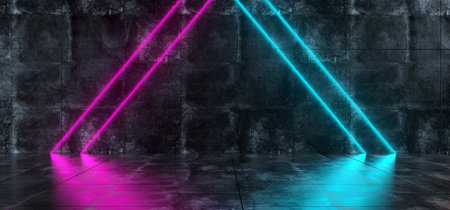 Futuristic Sci Fi Interior Grunge Concrete Room With Blue And Purple Triangle Shaped Neon Lights...