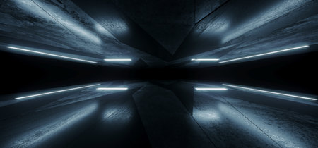 Neon Laser Sci Fi Futuristic White Blue Glowing Fluorescent Lights In Tunnel Corridor Warehouse Underground Cement Floor Tiled Abstract Night Dark Background Cyber Virtual Reality  Illustrationの写真素材