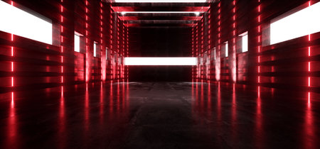 Large Sci Fi Futuristic Elegant Modern Warehouse Red Laser Beams Pillars Lights Glowing Windows concrete Grunge Tunnel Corridor Alien Spaceship 3D Rendering Illustrationの写真素材