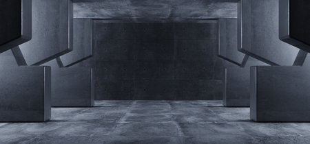 Concrete Grunge Big Hall Tunnel Alien Corridor Empty Futuristic Modern White Glowing Windows Stage Podium Industrial Garage Underground 3D Rendering Illustrationの写真素材