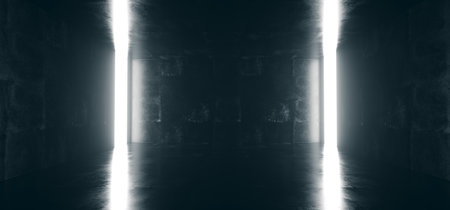 Empty High Detailed Concrete Grunge Looking Room With Light Stripes And Reflections.3D Rendering...
