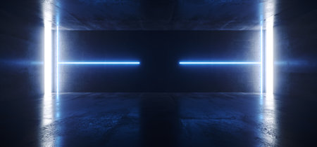 Neon Dark Sci Fi Futuristic Glowing Laser Blue Lines Arch White Concrete Underground Garage Sci Fi Futuristic Hall Stage Podium Grunge Columns Spaceship Tunnel Corridor 3D Rendering Illustrationの写真素材