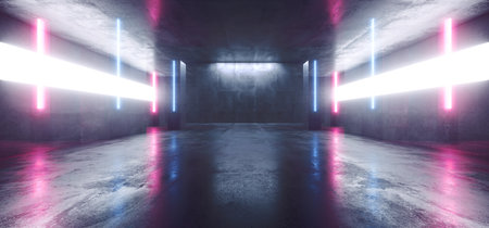 Neon Glowing Laser Blue Purple Lines Arch White Concrete Underground Garage Sci Fi Futuristic Hall Stage Podium Grunge Columns Dark Spaceship Tunnel Corridor 3D Rendering Illustrationの写真素材