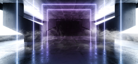 Smoke Smoke Neon Glowing Laser Blue Purple Lines Arch White Concrete Underground Garage Sci Fi Futuristic Hall Stage Podium Grunge Columns Dark Spaceship Tunnel Corridor 3D Rendering Illustrationの写真素材