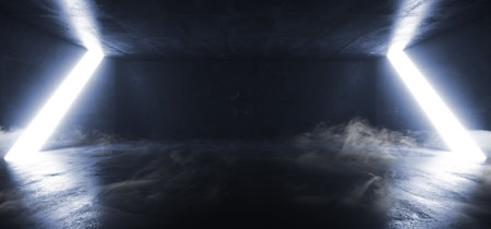 Smoke Concrete Grunge Big Hall Tunnel Alien Corridor Empty Futuristic Modern White Glowing Windows...