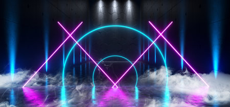 Smoke Neon Background Large Hall Gallery Room Sci Fi Futuristic Underground Ship Portal Glowing Blue...