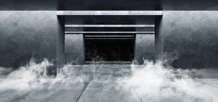 Smoke Fog Steam Grunge Concrete Modern Empty Space Garage Underground Tunnel Gallery White Glowing Shadows Dark And Bright Tiled Floor 3D Rendering Illustrationの写真素材