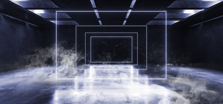 Smoke Neon Glowing Fluorescent Blue Laser Lights Stage Stadium Studio Hallway Tunnel Corridor Concrete Grunge Alien Modern Empty Futuristic Sci Fi 3D Rendering Illustrationの写真素材