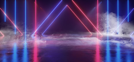 Neon Spotlights Smoke Fog Glowing Purple Pantone Blue Triangle  Cyber Retro Modern Studio Stage...