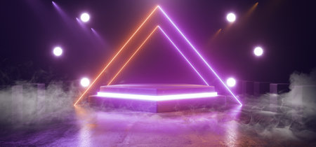 Smoke Fog Dark Showcase Neon Triangle Purple ORange  Studio Laser Glowing Stage Podium Empty Sci Fi Futuristic Modern Cyber Virtual Vibrant Garage Room 3D Rendering Illustrationの写真素材