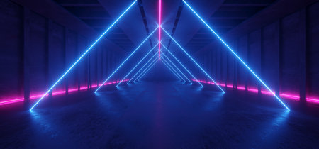 Neon Glowing Fluorescent Blue Purple Triangle Laser Lights Stage Stadium Studio Hallway Tunnel Corridor Concrete Grunge Alien Modern Empty Futuristic Sci Fi 3D Rendering Illustrationの写真素材