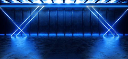 Neon Glowing Studio Violet Blue Vibrant Concrete Room Hallway Tunnel Corridor Empty Background Cyber Virtual Alien Spaceship 3D Rendering Illustrationの写真素材