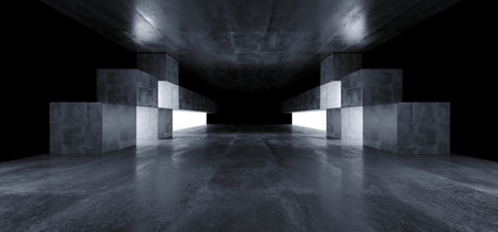 Futuristic Concrete Grunge Reflective Dark Empty Tunnel Corridor Spaceship Alien Underground White Glow Window Lights Hall Garage 3D Rendering Illustrationの写真素材