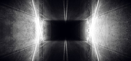 Apshalt Road Laser Glowing Neon White Sci Fi Futuristic Alien Spaceship Concrete Cement Tunnel Corridor Garage Hall Stage Show Night Dark Empty Background 3D Rendering Illustrationの写真素材