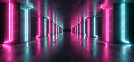 Neon Lights Graphic Glowing Purple Blue Vibrant Virtual Sci Fi Futuristic Tunnel Studio Stage Construction Garage Podium Spaceship Night Dark Concrete Grunge 3D Rendering Illustrationの写真素材
