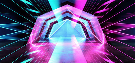 Neon Lights Future Sci Fi Tunnel Corridor Glowing Purple Blue Vibrant Scene Podium Club Night Dark...