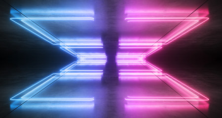 Futuristic Sci Fi Bracket Shaped Neon Classic Blue Purple Glowing Lights With Reflections On Garage Concrete Floor And Ceiling Dark Empty Space 3D Rendering Illustrationの写真素材