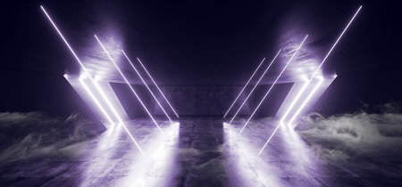 Alien Dark Glowing Purple Violet Triangle Lights Smoke Fog Steam Sci Fi Futuristic Spaceship Concrete Tunnel Corridor Underground Stage Club 3D Rendering Illustrationの写真素材