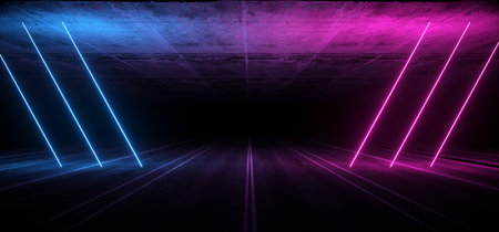 Asphalt Road Sci Fi Futuristic Neon Glowing Laser Show Tunnel Corridor Underground Garage Warehouse...