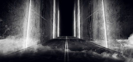 Fog Steam Asphalt Road With Marking And Neon Laser  White Glowing Lines Concrete Grunge Tunnel Underground Garage Hallway Dark Night 3D Rendering Illustrationの写真素材
