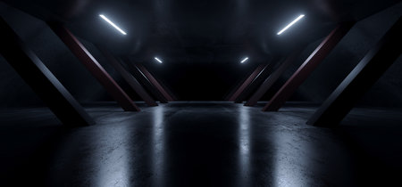 Futuristic Sci Fi Parking Corridor  Tunnel Hallway Triangle Pillars Columns Garage Warehouse Alien Spaceship Cyberpunk Blue Glowing Concrete Reflective Dark Night Background 3D Rendering illustrationの写真素材