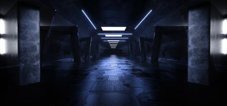 Sci Fi Futuristic Concrete Schematic Textured Blue Glowing laser Neon Columns Tunnel Corridor Dark Night Warehouse Showroom Cyber Synth 3D Rendering illustrationの写真素材