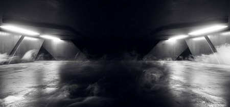 Smoke Fog Steam Big Dark White Corridor Sci Fi Garage Hallway Asphalt Cement Tunnel Underground Virtual Reality Showroom 3D Rendering Illustrationの写真素材