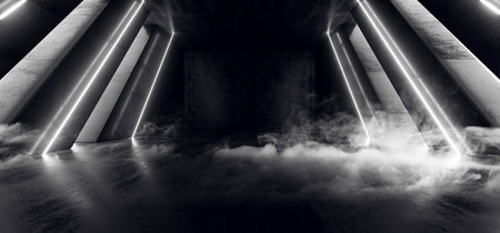 White Glowing Triangle Cement Concrete Hallway Tunnel Corridor Dark Underground Garage Gallery Stage...
