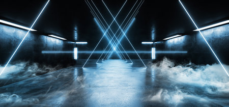 Fog Smoke Background Sci Fi Neon Triangle Futuristic Alien Spaceship Dance Stage Glowing Blue Fluorescent Laser Led Lights On Grunge Dark Concrete Reflective 3D Rendering Illustrationの写真素材