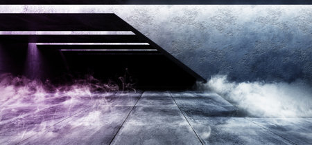 Smoke Fog Purple Blue Grunge Concrete Sci Fi Elegant Modern Futuristic Spaceship Underground Tunnel Hall Gallery Room Empty Space Tiled Floor Reflections Abstract Background Alien 3D Rendering Illustrationの写真素材
