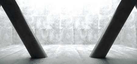Empty Concrete Room With Ceiling Hole Shining Light Through It And Concrete Columns Inside With Blue...