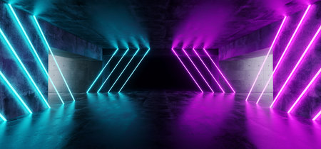 Modern Futuristic Underground Reflective Concrete Garage Empty Room With Purple And Blue Neon Glowing Lights Background 3D Rendering Illustrationの写真素材