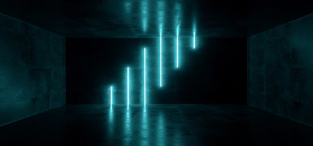 Sci Fi Futuristic Background Neon Modern Elegant Dark Blue Vibrant Glowing Tubes Cyberpunk Empty Room Hall Tunnel Corridor Grunge Reflective Concrete Pattern 3D Rendering Illustrationの写真素材