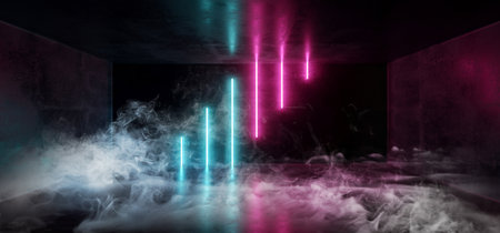 Smoke Sci Fi Neon Background Cyberpunk Futuristic Luminous  Psychedelic Abstract Shaped Purple Pink Blue Ultraviolet Club Dance Stage Lights Grunge Concrete Dark 3D Rendering Illustrationの写真素材