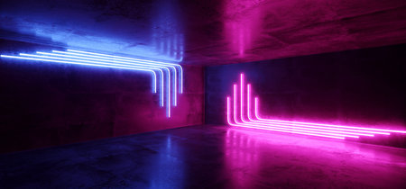 Sci Fi Blue Pink Purple Neon Futuristic Cyberpunk Glowing Retro Modern Vibrant Lights Laser Show Empty Stage Room Hall Reflective Concrete Grunge  Club Background 3D Rendering  Illustrationの写真素材