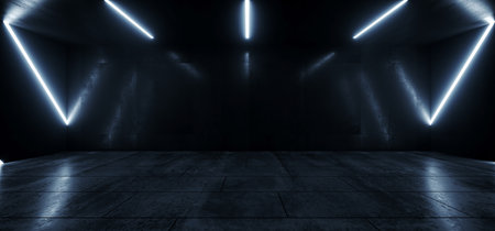 Big Large Neon Laser Blue Dark Night Warehouse Tunnel Corridor Concrete Garage Grunge Sci Fi Futuristic Underground Showcase Car Parking Empty 3D Rendering Illustrationの写真素材
