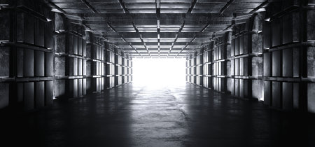Futuristic Sci Fi Modern Alien Reflective Grunge Concrete Glossy Cube Shaped Rectangle Tunnel Corridor Empty Space White Glow End Background 3D Rendering Illustrationの写真素材