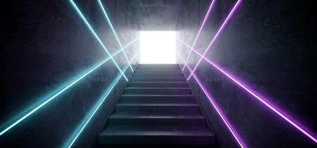 Sci Fi Modern Futuristic Cyber Neon Glowing Purple Blue Lines Laser Club Stage Tunnel With Stairs Reflective Grunge Concrete White Glow 3D Rendering Illustrationの写真素材