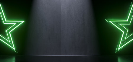 3D Rendering Of Realistic Concrete Room With Star Neon Lightsの写真素材