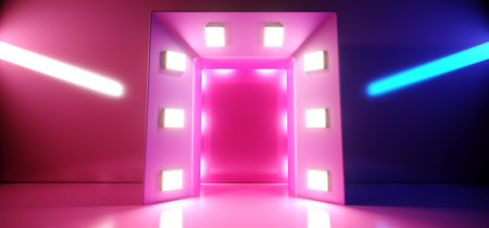 Fashion Sci Fi Futuristic Retro Modern Neon Glowing Led Purple Blue Lights Podium Show Star Night...