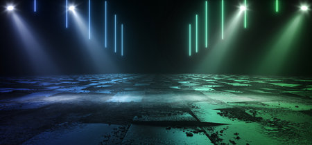 Empty Dark Smoke Fog Club Spotlights Hall Blue Green Colored Stage Showroom Product Showcase Concrete Floor Background  Garage Tunnel Corridor Star 3D Rendering Illustrationの写真素材
