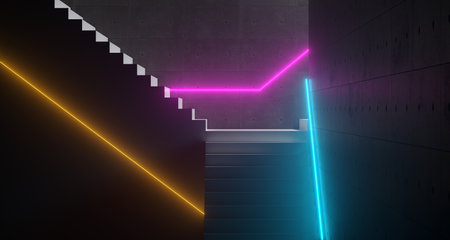 White Lightened Stairs In Different Directions With Futuristic Vibrant Neon Tube Lights And Concrete Cement Walls In Dark Room 3D Rendering Illustrationの写真素材