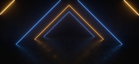 Triangle Blue Orange Neon laser Led Light Beams On Concrete Dark Backround  Empty Space Spaceship Tunnel Sci Fi Virtual Reality Futuristic 3D Rendering Illustrationの写真素材
