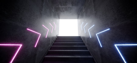 Sci Fi Modern Futuristic Cyber Neon Arrows Glowing Purple Blue Lines Laser Club Stage Tunnel With Stairs Reflective Grunge Concrete White Glow 3D Rendering Illustrationの写真素材