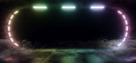 Dark Neon Glowing Rainbow Laser Led Smoke Fog Steam Mist Oval Tunnel Corridor Garage Hallway...